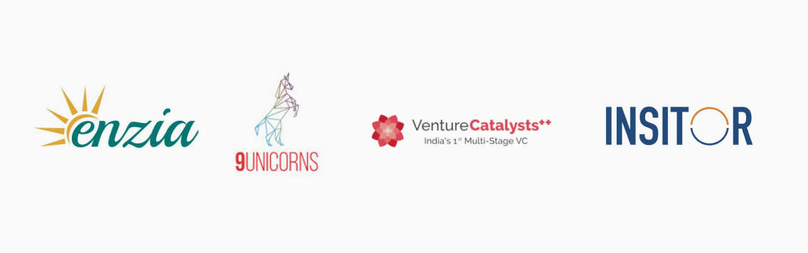 Logos of four companies lined up horizontally: Enzia with a sun icon, 9Unicorns with a polygonal unicorn, Venture Catalysts with a red flower icon, and INSITOR with a segmented circle in the letter O.