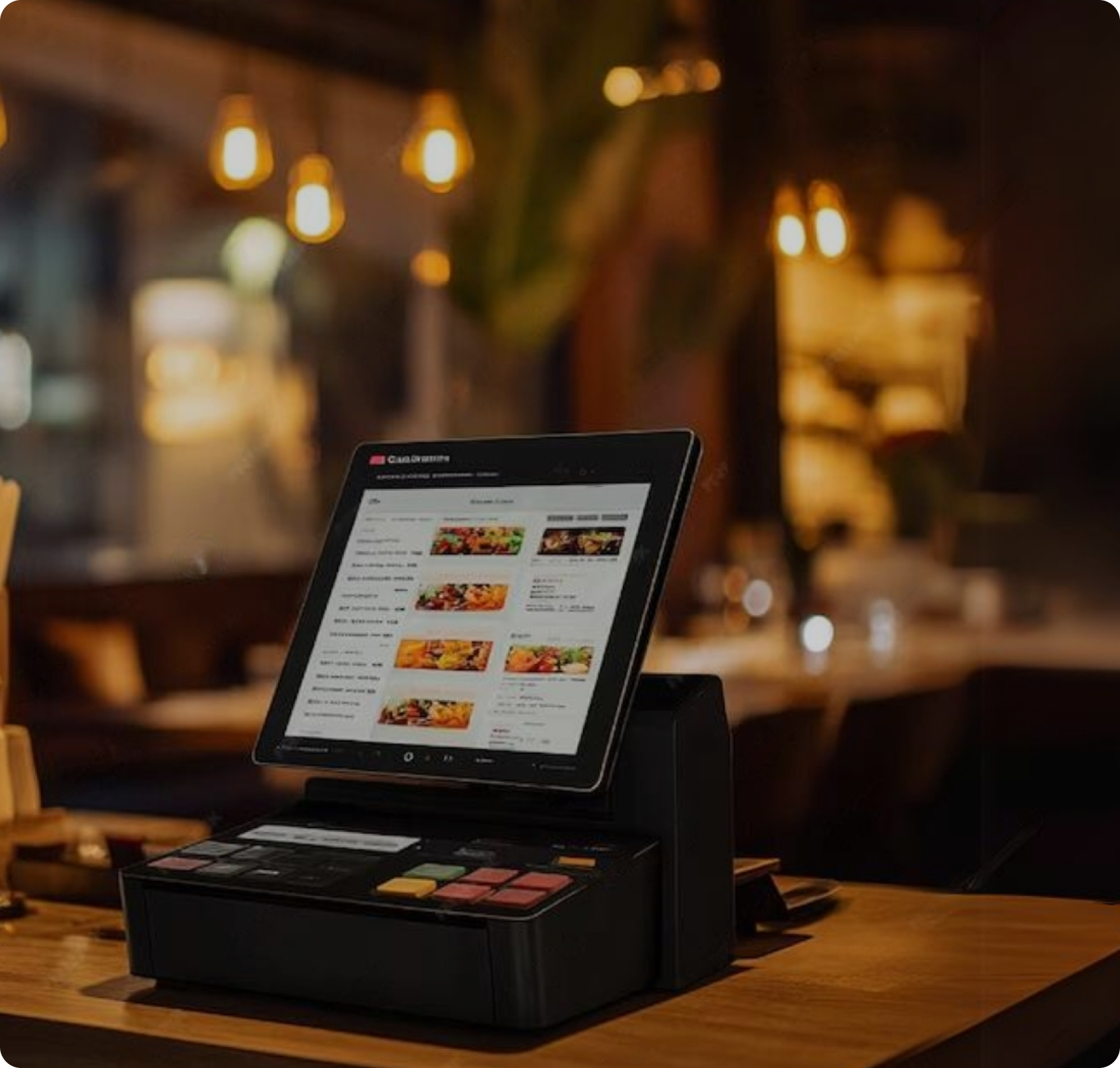 Point of sale system with touchscreen menu displaying food items in a dimly lit restaurant.