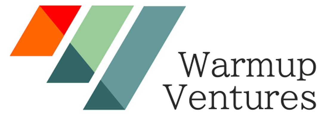 Logo with three parallelograms in orange, light green, and teal next to the text 'Warmup Ventures' in black serif font.